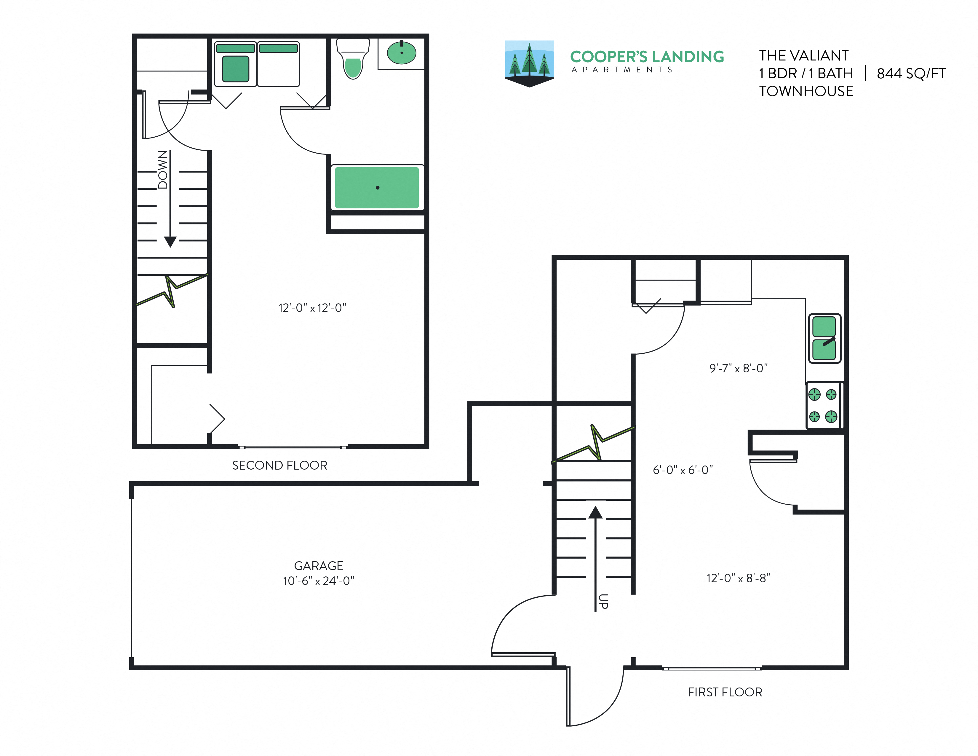 Floor plan for 1 bed, 1.5 baths, 844 sqft